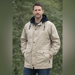 VTG Pacific Trail Hooded Outdoor Jacket Mens L Tan Gorpcor Rugged Removable Hood